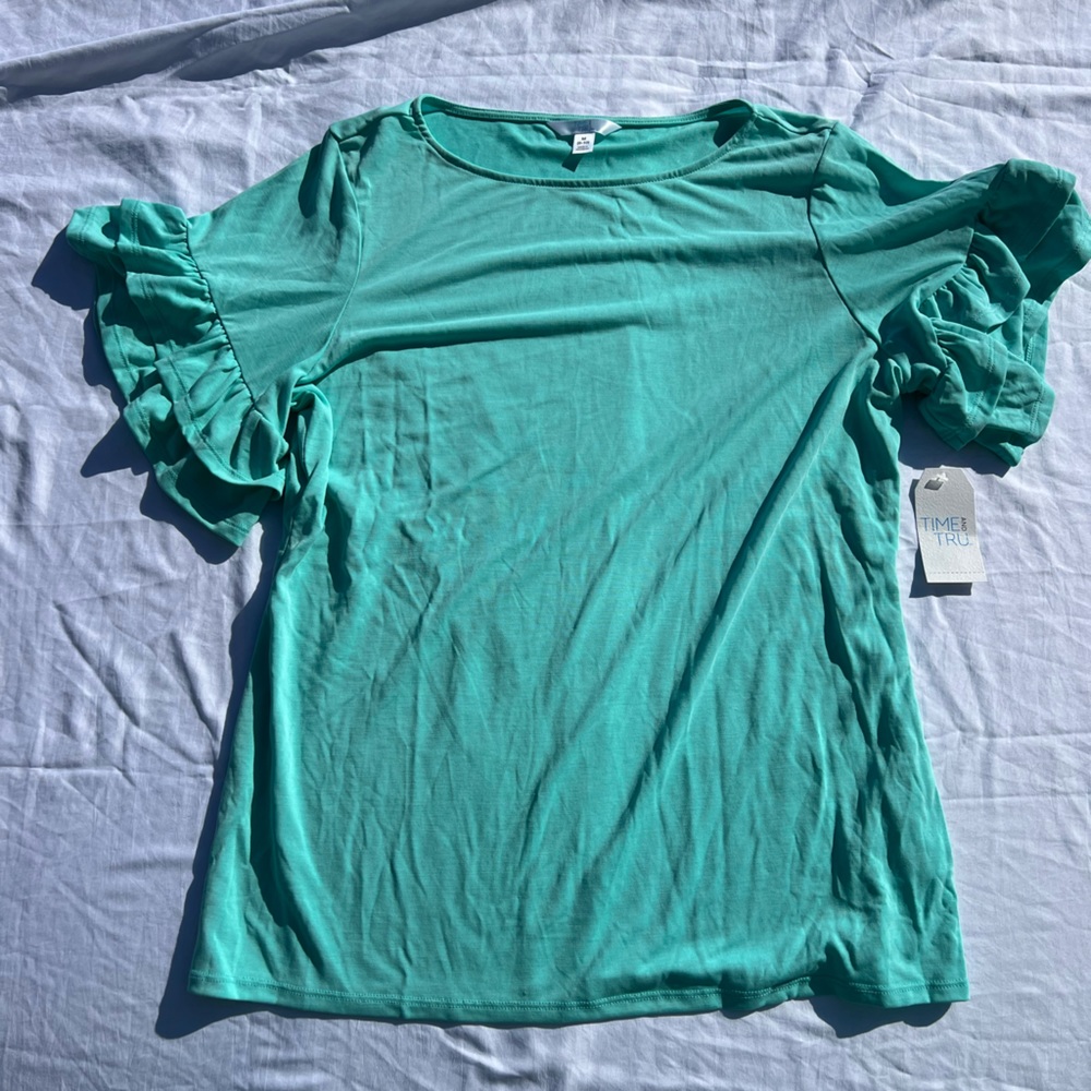 NWT Time and Tru Ruffle Sleeve Teal Shirt, Size Medium